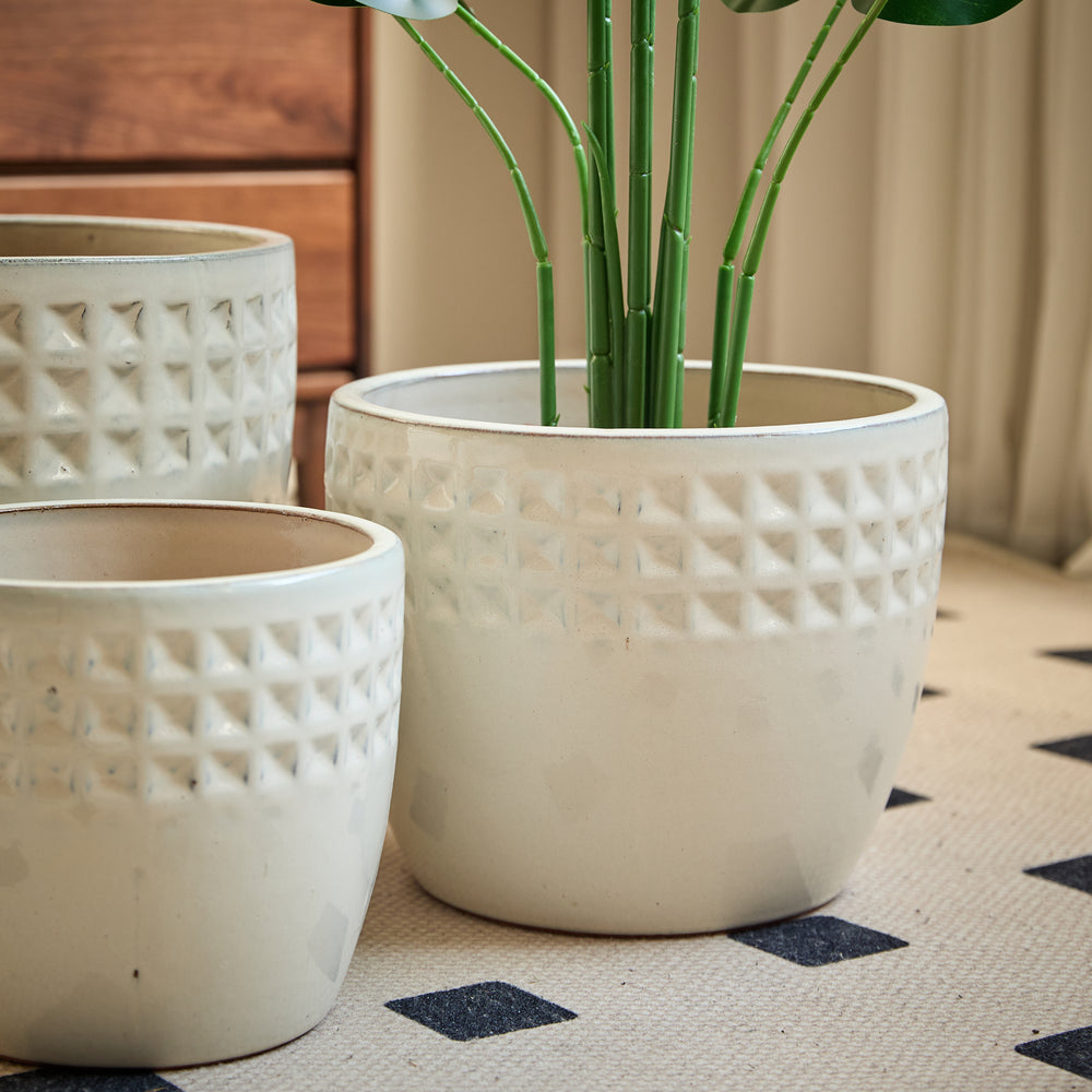 Handmade Ceramic Flower Pot Set of 3, 15/12/9 Inch Diameter, White Diamond Pattern, for Succulents Indoor/Outdoor Use on Windowsill & Bookshelf, Breathable Clay Media 4