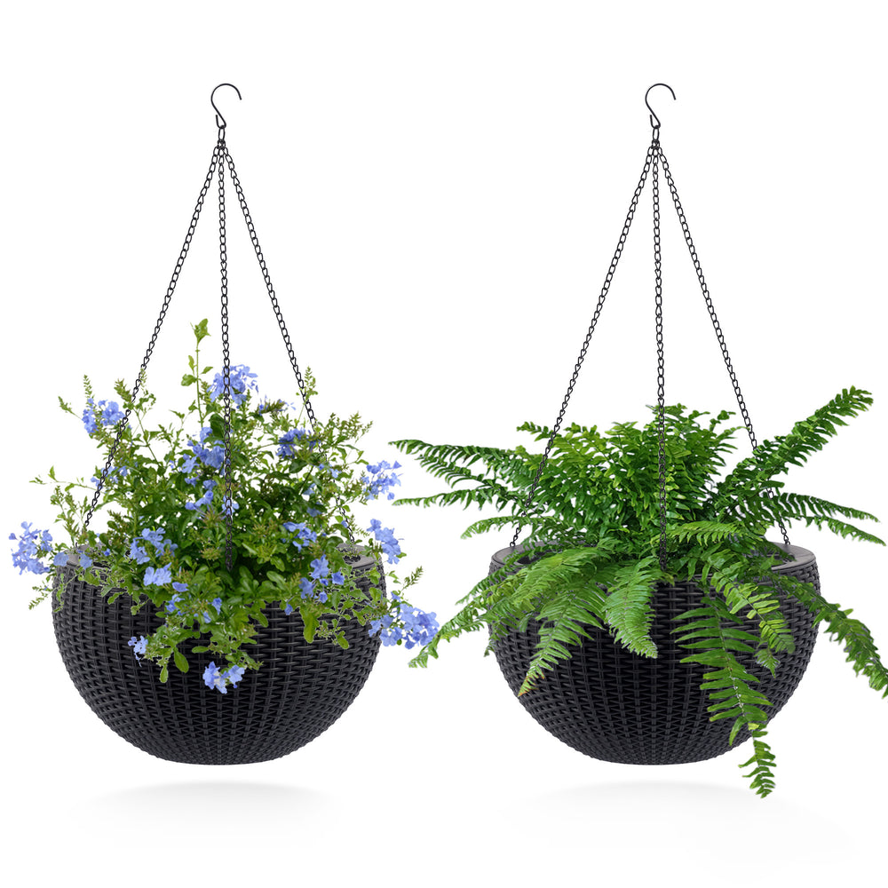 13.4 inch Self-Watering Hanging Rattan-Inspired Planter Large Capacity, Root-Rot Resistant Water Storage with Water Level Indicator, Dual-Use for Indoor & Balcony Decoration (Pack of 2, Black Color) Media 8