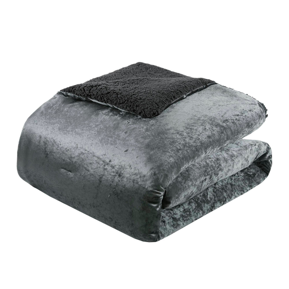 3 PCS Full/Queen Crushed Velvet   Reversible Comforter Set Charcoal Media 2
