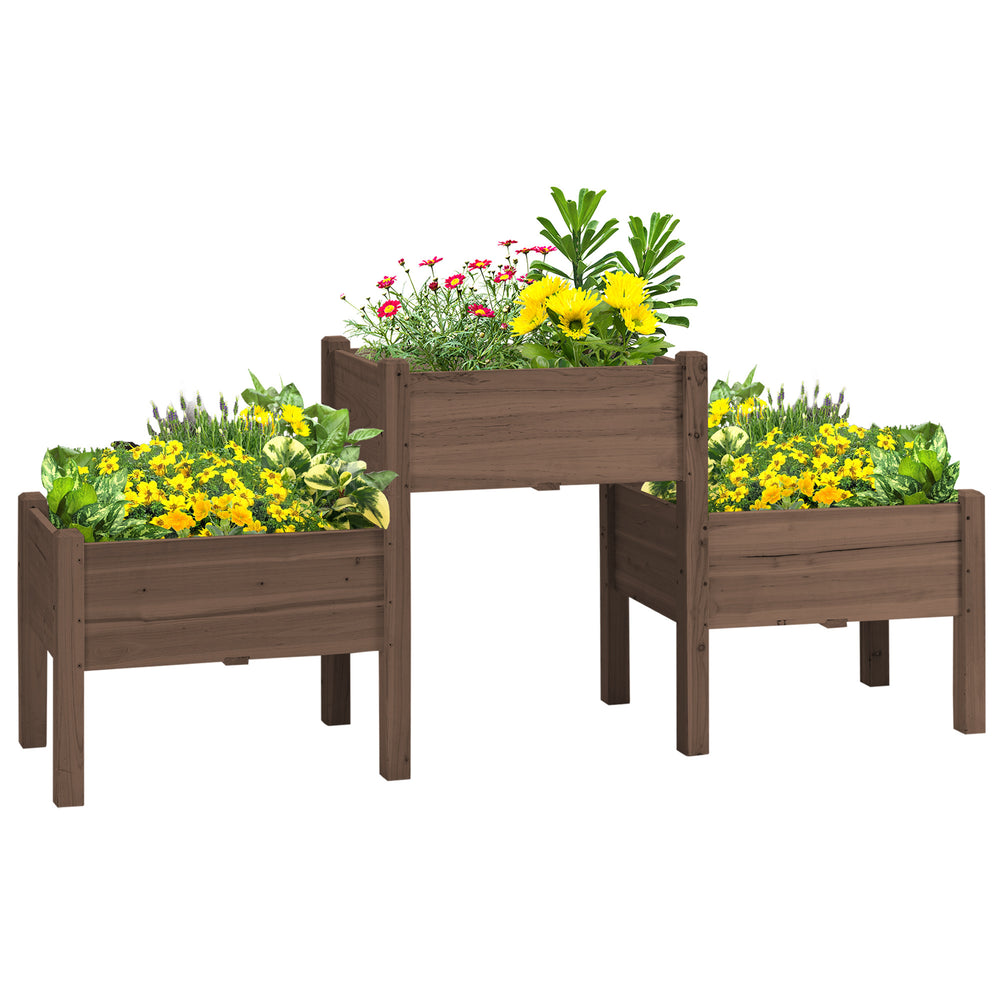 Outsunny Raised Garden Bed with 3 Planter Box, Elevated Wooden Plant Stand with Drainage Holes, for Vegetables, Herb and Flowers, Coffee Media 1