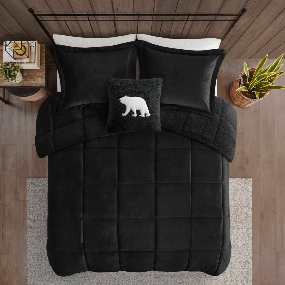 4-Piece King Plush to Sherpa Down Alternative Comforter Set,Black/Black Media 11