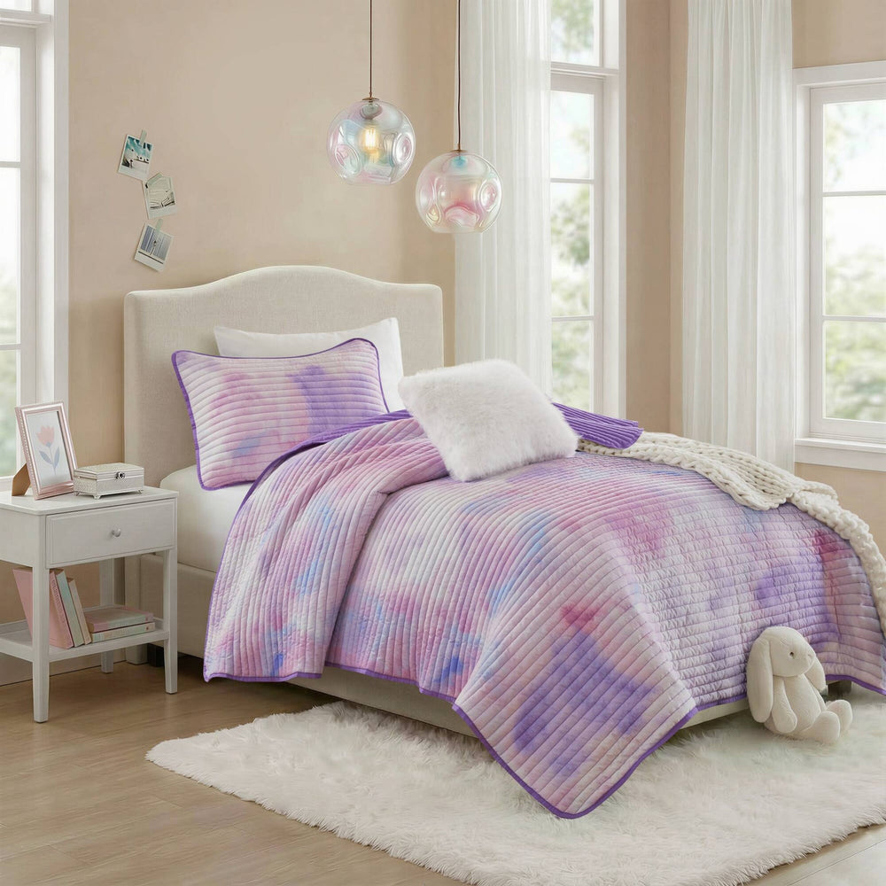 3 Pieces Twin/Twin XL Watercolor Tie Dye Printed Quilt Set with Throw Pillow,Purple Media 16
