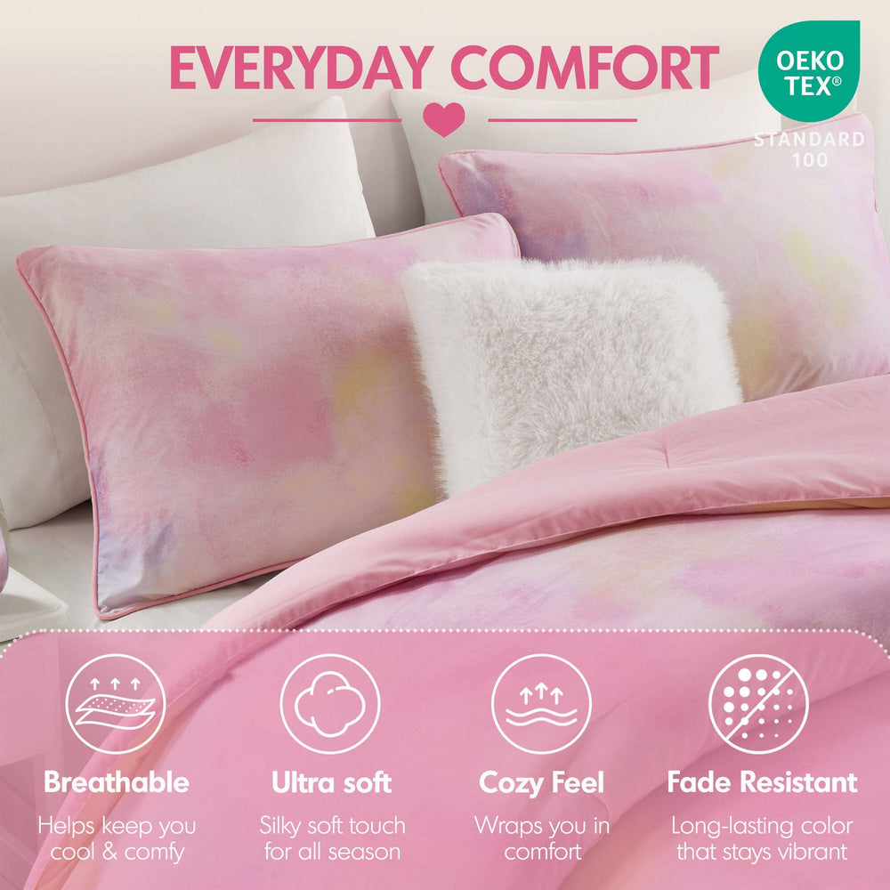 4 Pieces Full/Queen Watercolor Tie Dye Printed Comforter Set with Throw Pillow,Pink Media 11