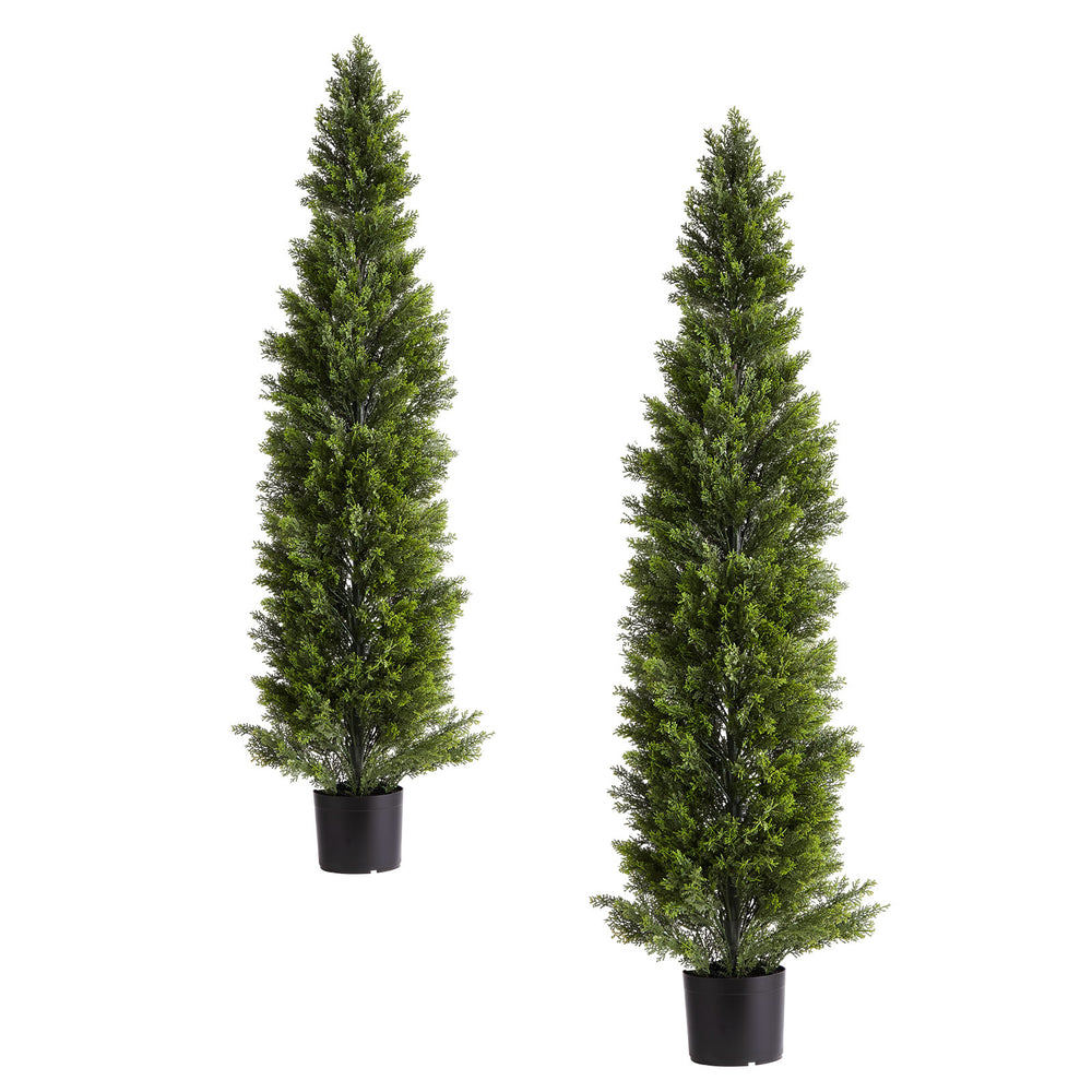 Artificial Topiary Cedar Trees, 60 inch 2 Set Faux Pine Shrubs Plants, Fake Silk Tree Look Real, Easy Assembly for Decor Front Porch Outdoor Patio Garden Balcony Backyard Indoor Office Media 1