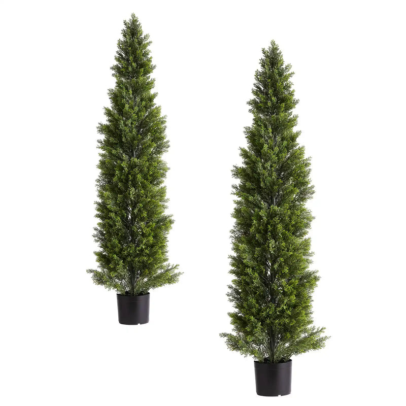 Artificial Topiary Cedar Trees, 60 inch 2 Set Faux Pine Shrubs Plants, Fake Silk Tree Look Real, Easy Assembly for Decor Front Porch Outdoor Patio Garden Balcony Backyard Indoor Office