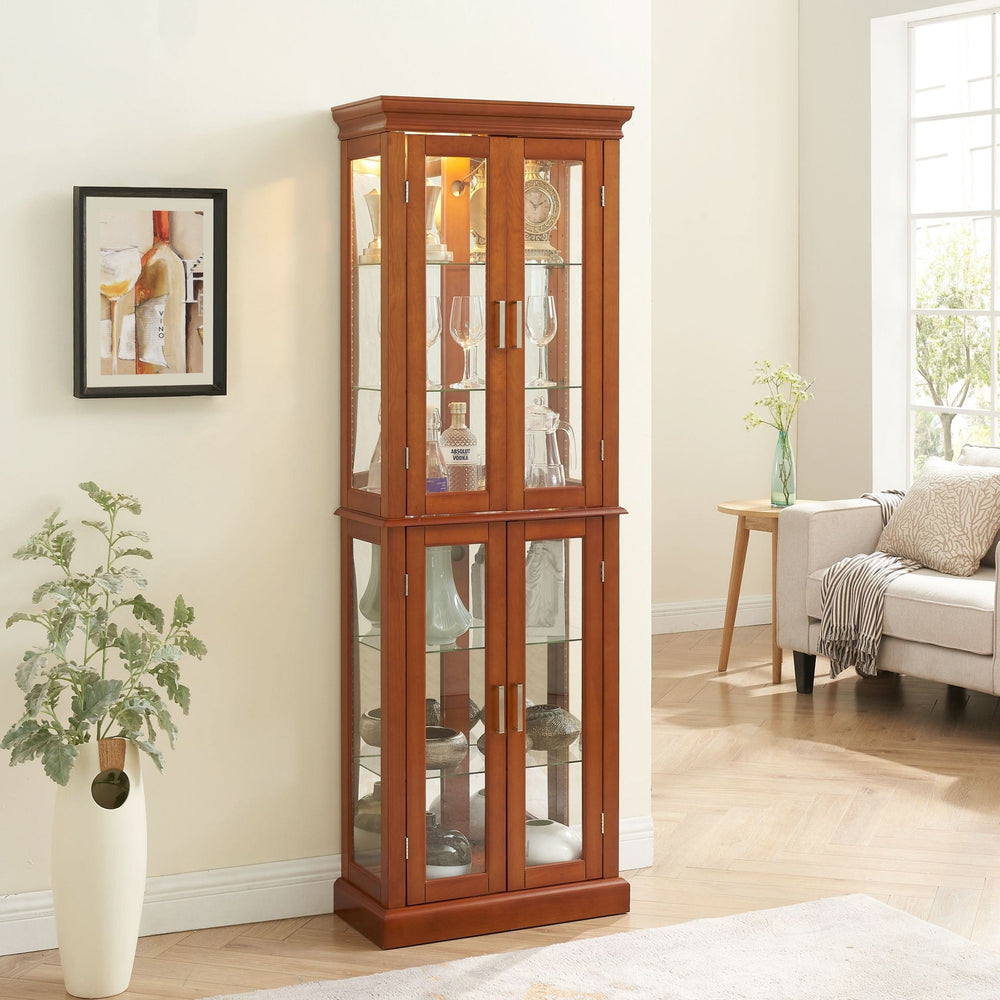 Glass Display Cabinet Tempered Glass Doors Walnut Finish Transitional Media 2