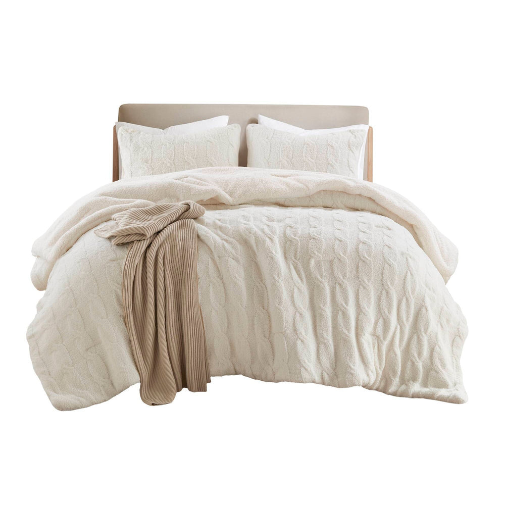 3 Pieces King/Cal King Cable Knit Chenille Comforter Set,Ivory Media 9
