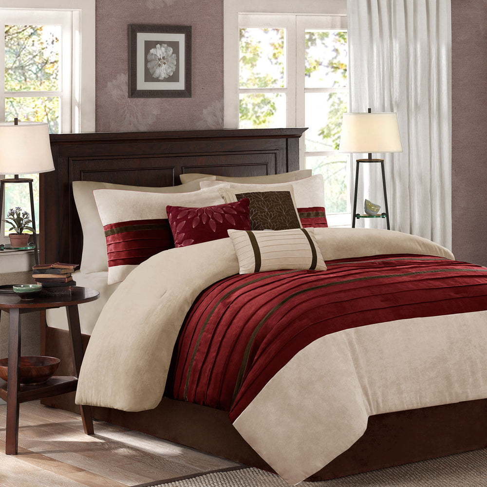7 PC Pieced Faux Suede Comforter Set Red Cal King Media 1