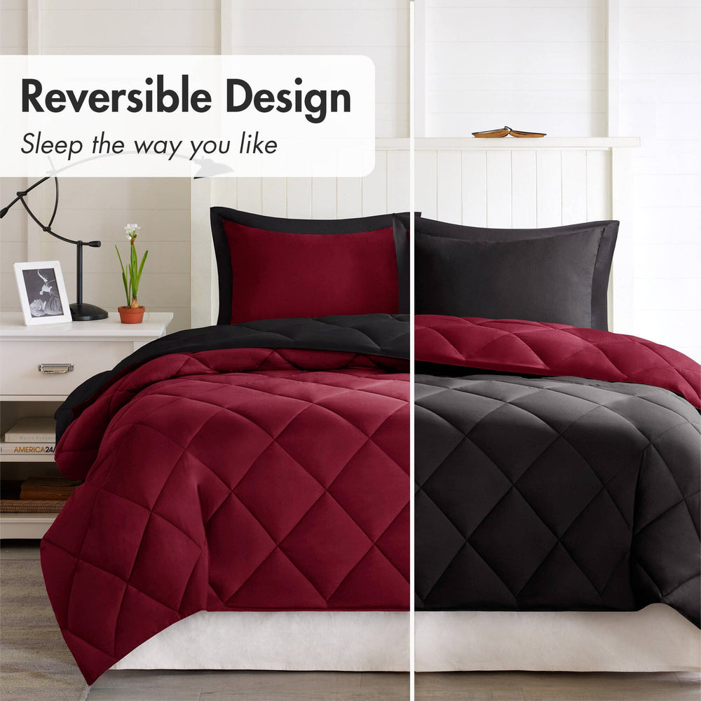 3 Pieces Full/Queen 3M Scotchgard Diamond Quilting Reversible Down Alternative Comforter Set,Red+Black Media 8