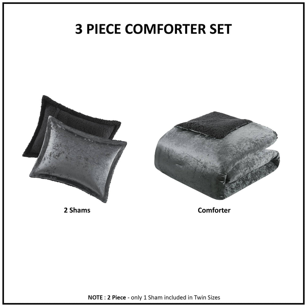 3 PCS Full/Queen Crushed Velvet   Reversible Comforter Set Charcoal Media 3