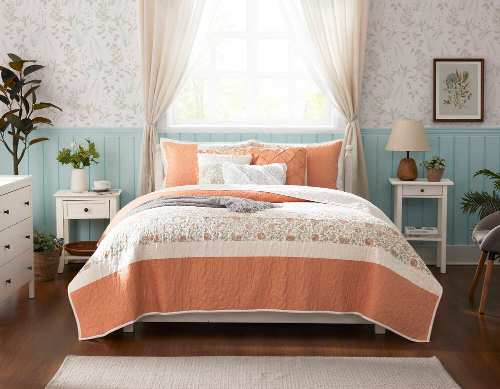 6 Piece Cotton Percale Quilt Set with Throw Pillows Coral Full/Queen Media 16