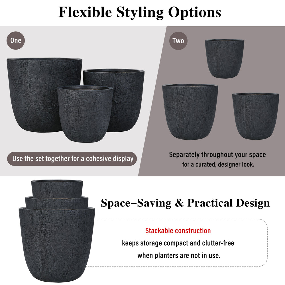 U_STYLE Lightweight MGO Planter Set of 3,16.93'+13.78'+11.02' Dia Round Concrete Stackable Flower Pots with Drainage Holes and Rubber Plug,Crackle Stone Texture for Patio Garden Balcony Indoor Outdoor Media 8