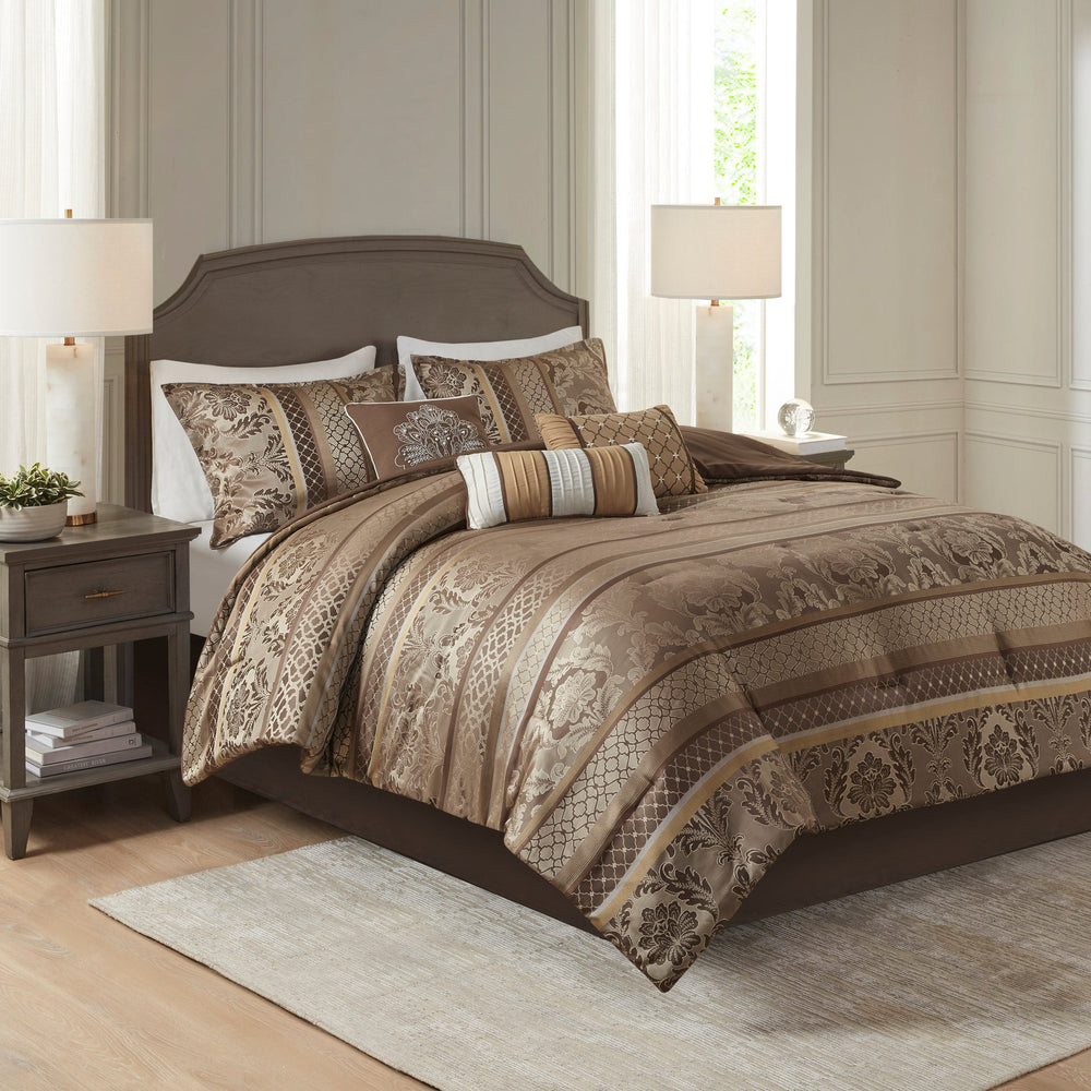 7 Piece Jacquard Comforter Set Brown/Gold Cal King Media 1