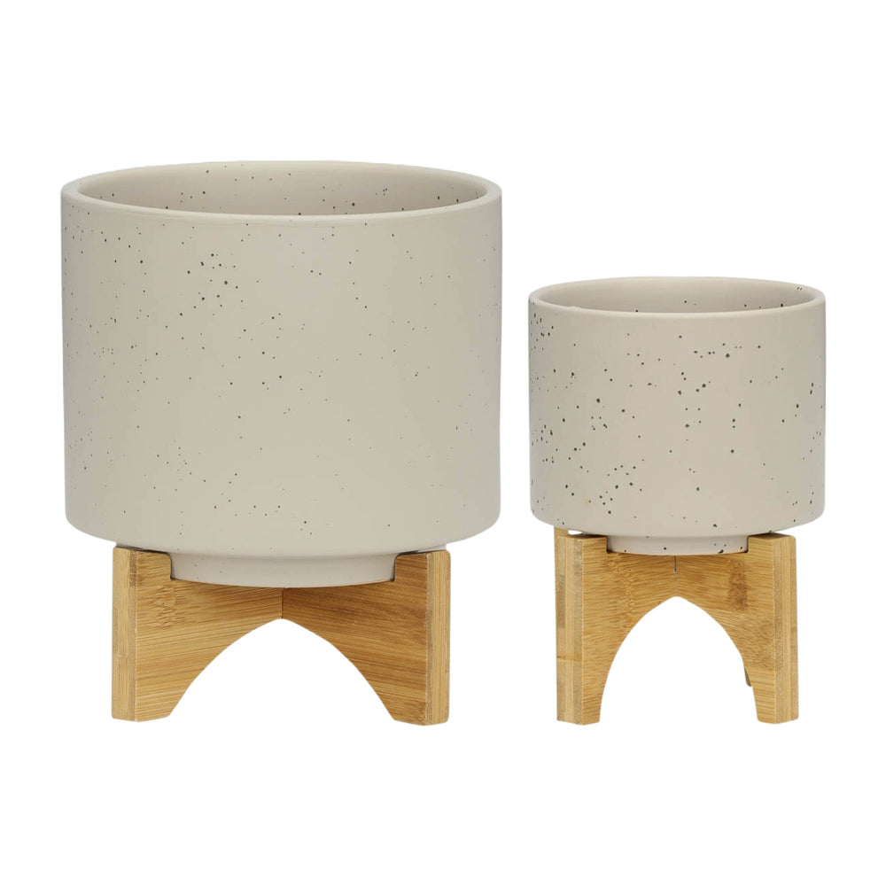 S/2 5/8' PLANTER W/ WOOD STAND, MATTE BEIGE Media 1