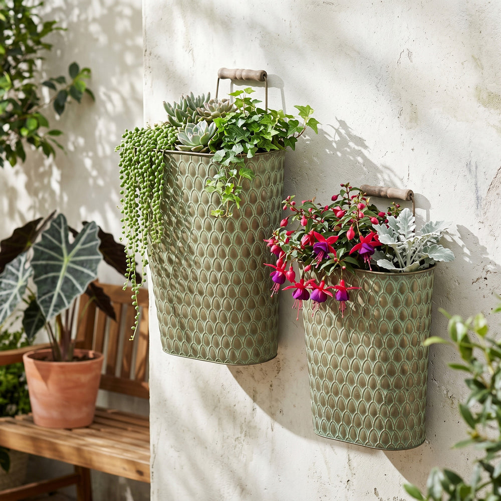 S/2 Textured Green Iron Hanging Planters with Arched Handles Media 7