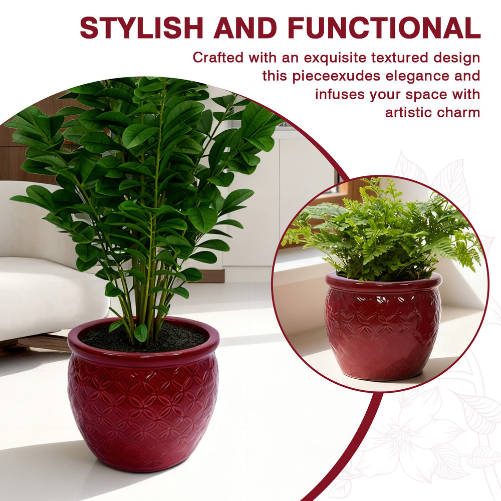 Handmade Ceramic Flower Pot Set of 3, 15/12/10 Inch Diameter, Deep Red with Floral Embossed Pattern, for Orchids Indoor/Outdoor Use on Windowsill & Bookshelf, Breathable Clay Media 12