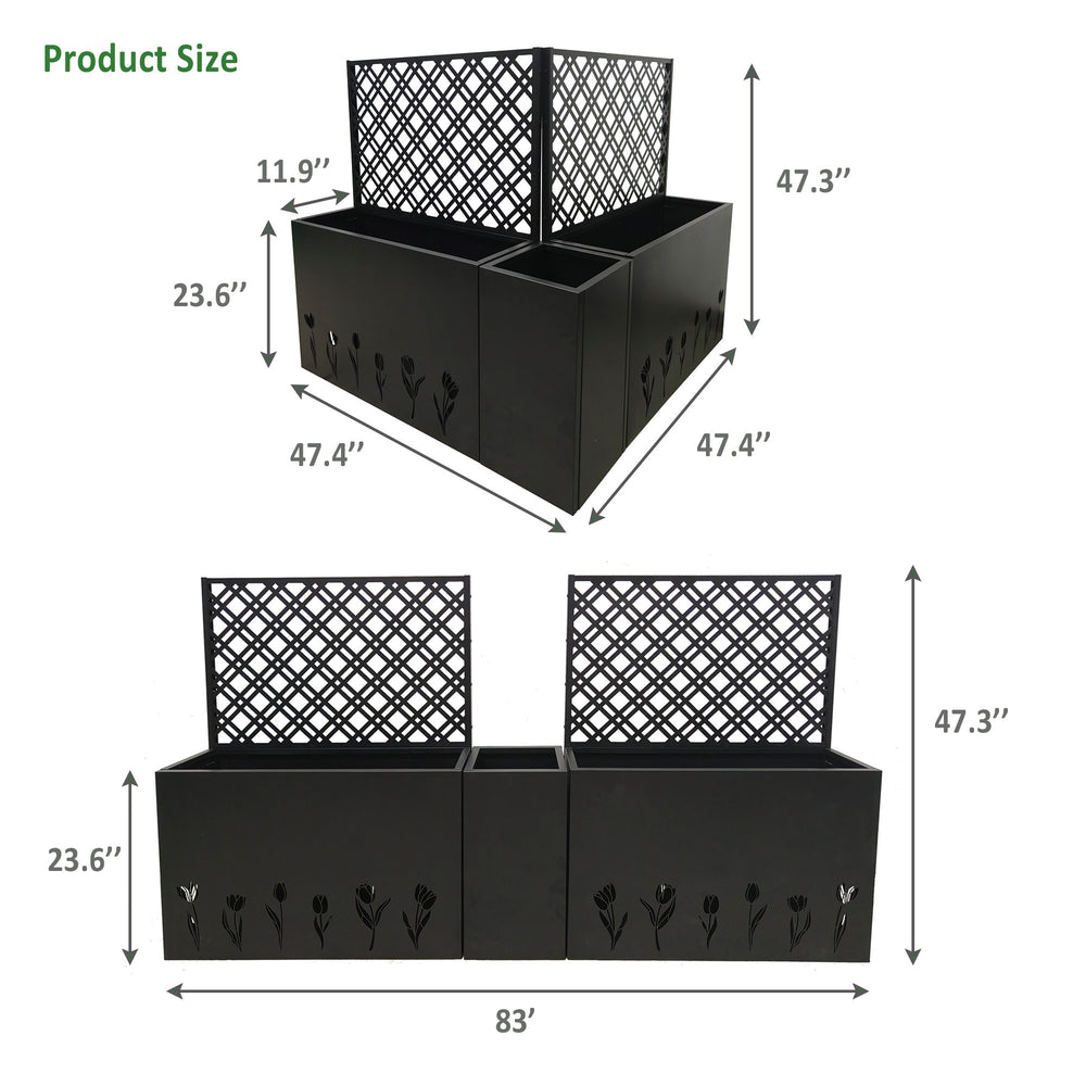 Metal Planter-Trellis Combo (Set of 3) - Raised Garden Bed, Flower Trellis & Privacy Screen for Patio, Balcony, Garden, Rust-Resistant Planter Box with Drainage Holes, 23.6in Depth Planting Bed, Tulip Media 3