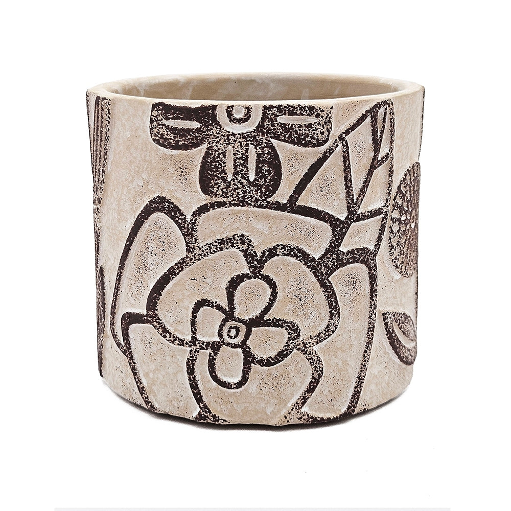 Set of 4 4.3x4.3x4' Gray Sand and Cement Planters with Brown Botanical Motifs Media 12