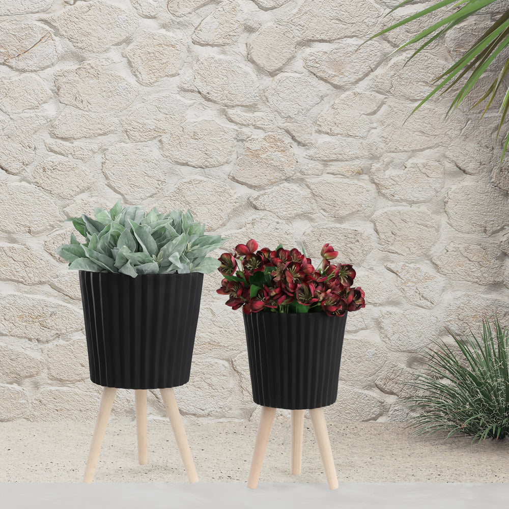 S/2 10/12' RIDGED PLANTER W/ WOOD LEGS, BLACK (KD) Media 1
