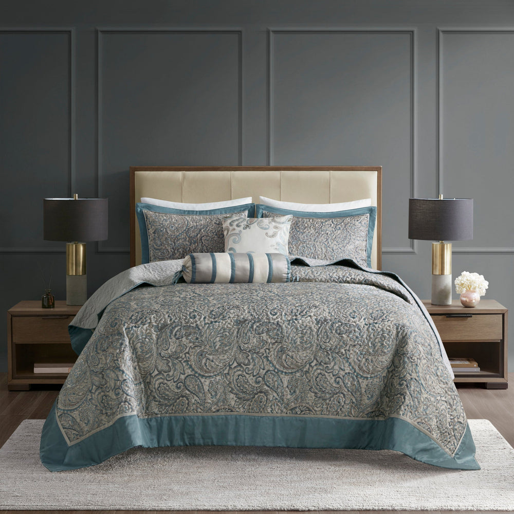 5 Piece Jacquard Bedspread Set with Throw Pillows Teal Queen Media 12