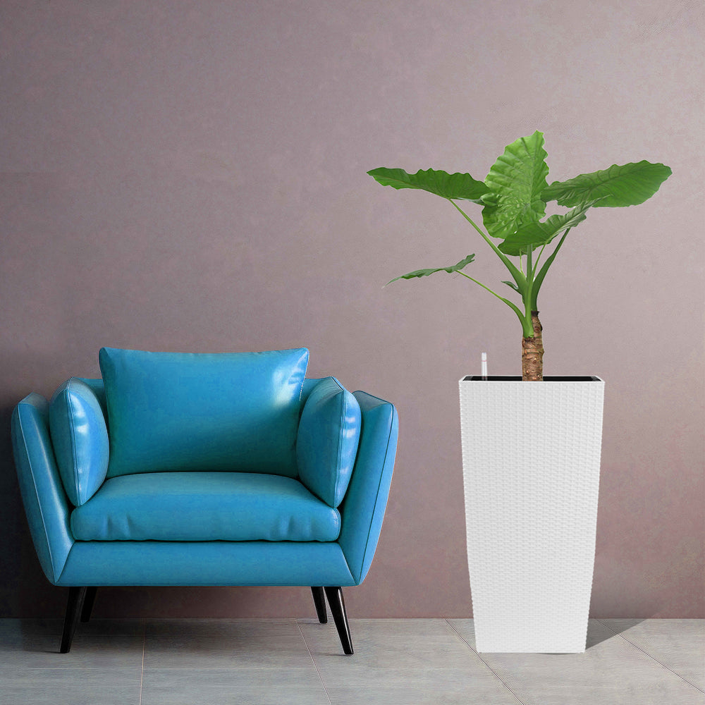 White Faux Rattan Self-Watering Flower Pot with Drainage Holes and Water Level Monitor, 30 in Tall Indoor Outdoor Planter for Garden Patio Porch Backyard Media 9