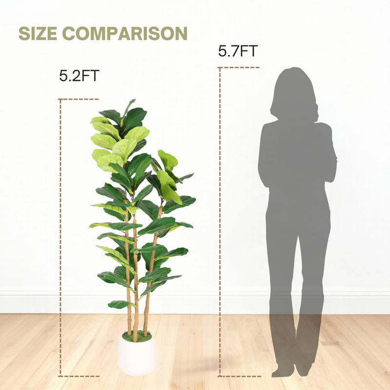 5.2FT Artificial Fiddle Leaf Fig Tree With Decorative White Pot, Real Touch Fake Indoor Plant for Home Office Living Room Corner Decoration, 1pc/set