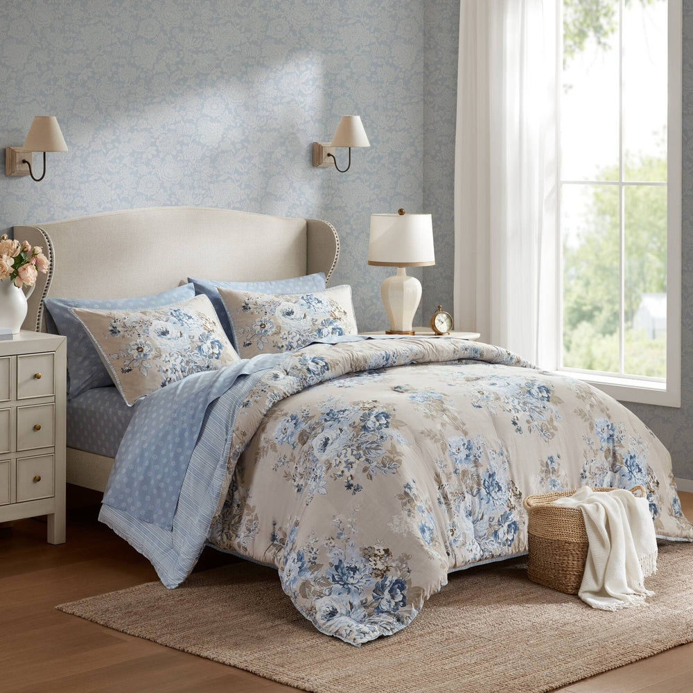 7-Piece Full 7 Piece Vin -inspired Collection floral print,Beige/Blue Media 14