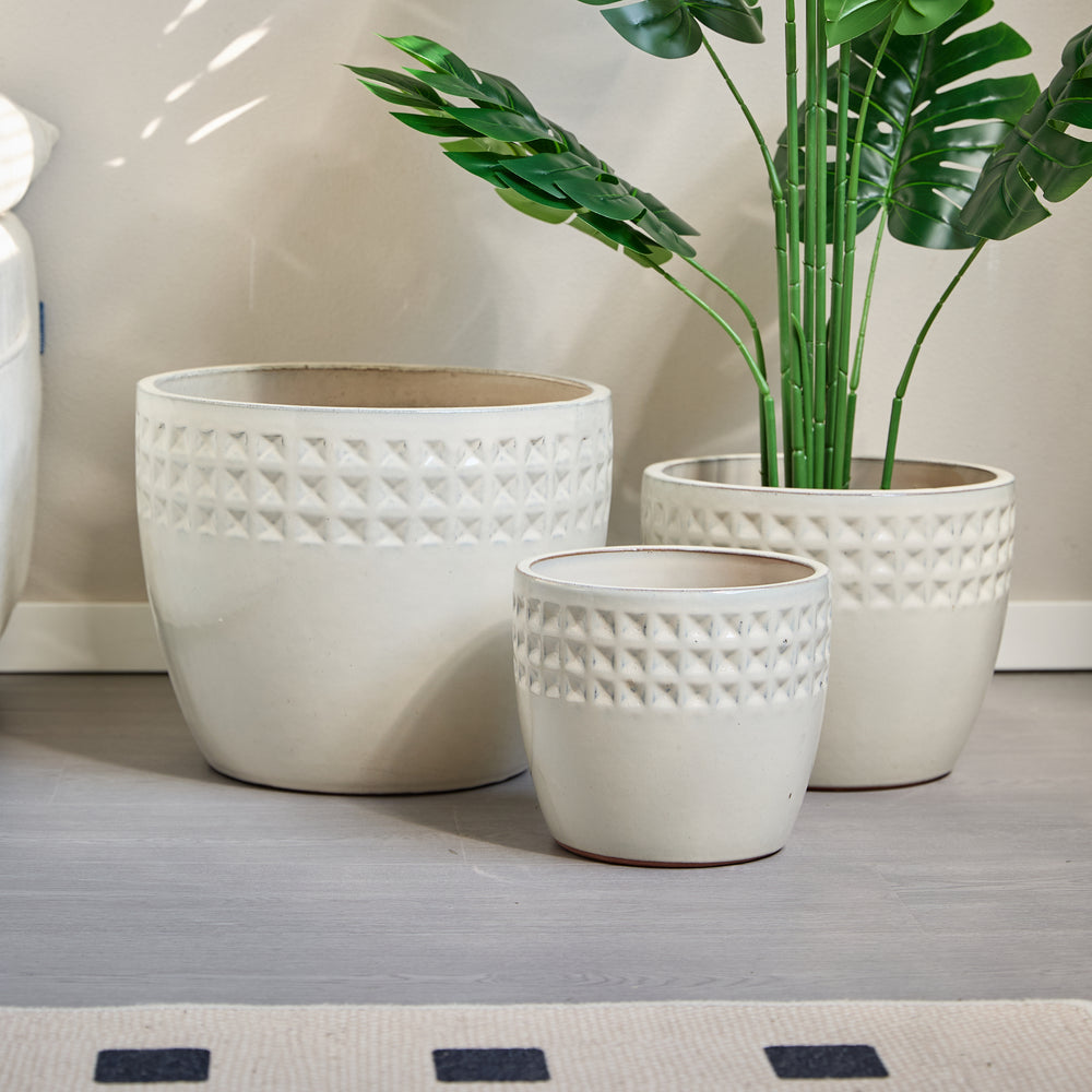 Handmade Ceramic Flower Pot Set of 3, 15/12/9 Inch Diameter, White Diamond Pattern, for Succulents Indoor/Outdoor Use on Windowsill & Bookshelf, Breathable Clay Media 2