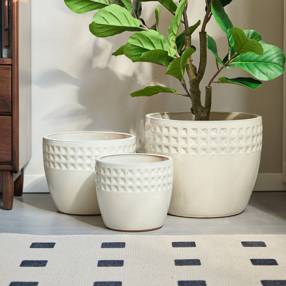 Handmade Ceramic Flower Pot Set of 3, 15/12/9 Inch Diameter, White Diamond Pattern, for Succulents Indoor/Outdoor Use on Windowsill & Bookshelf, Breathable Clay Media 5