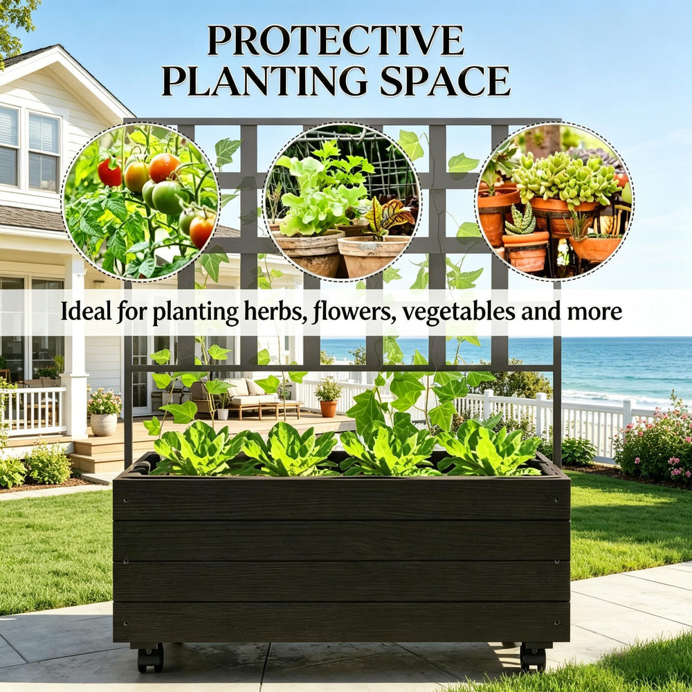 Dual-Function Design Planting box,Wooden Elevated Garden Bed with Trellis,Outdoor Planter Box,Portable Raised Garden Bed Media 4