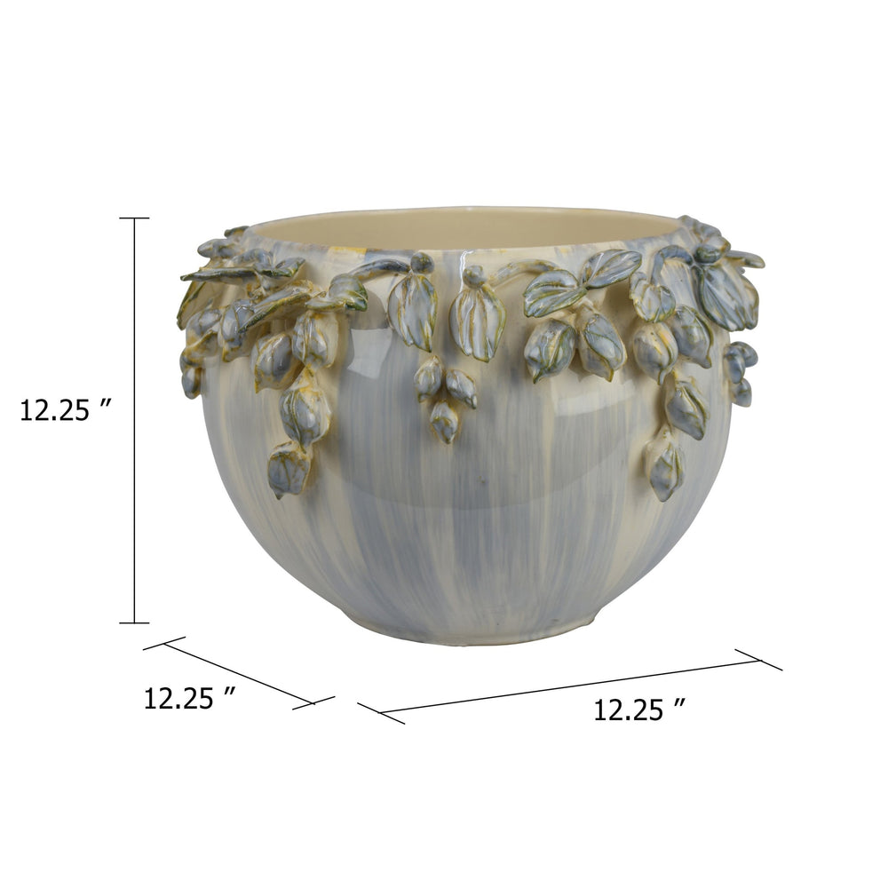 Decorative Bowl Planter, White Ceramic with Floral Garland Rim, 12 Inch Media 2