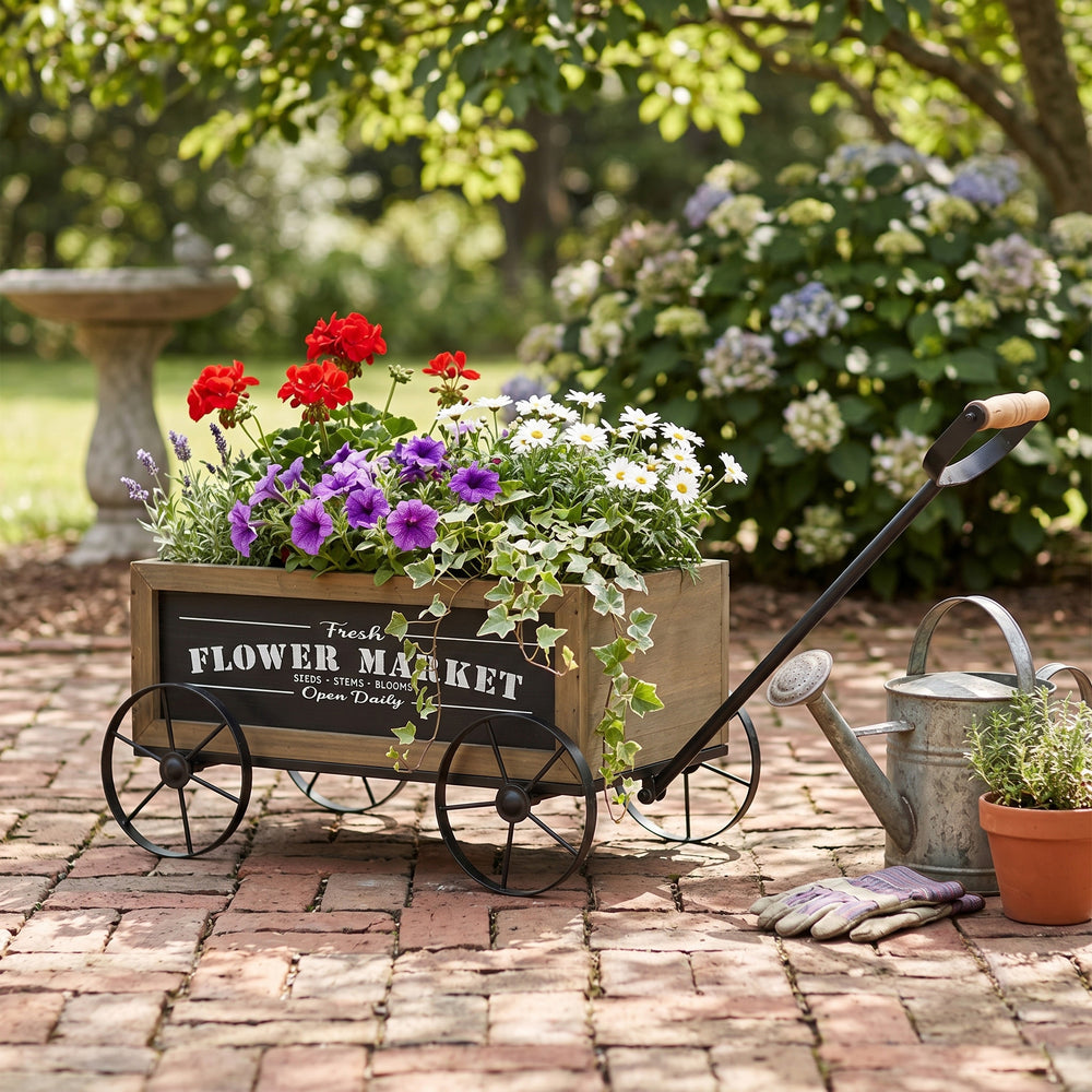 16.5x9.5x8' Rustic Wooden Wagon Planter with Black Iron Wheels and Handle Media 9