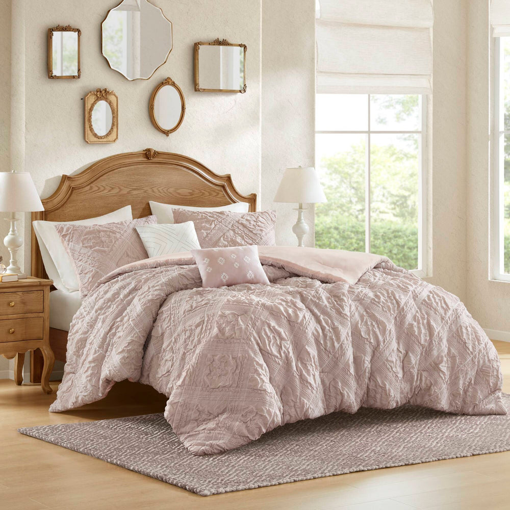 5-Piece Full/Queen 5 Piece Sculpted jacquard comforter set,Pink Media 20