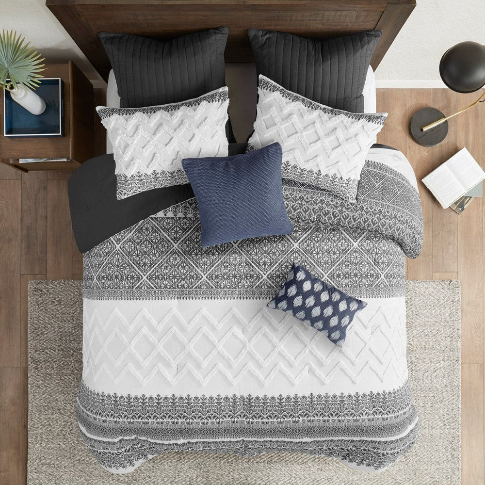 3 Piece Cotton Comforter Set with Chenille Tufting Gray Full/Queen Media 3