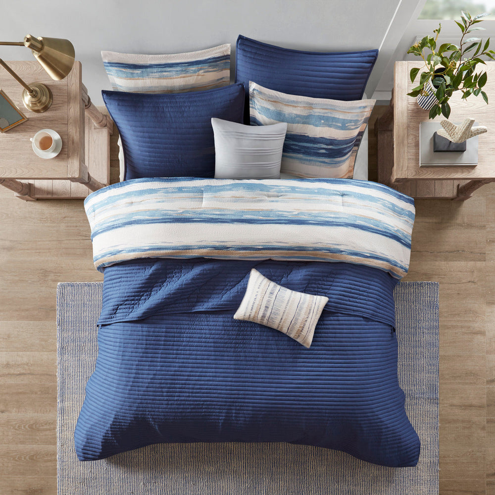 8 Piece Printed Seersucker Comforter and Quilt Set Collection Blue King/Cal King Media 3