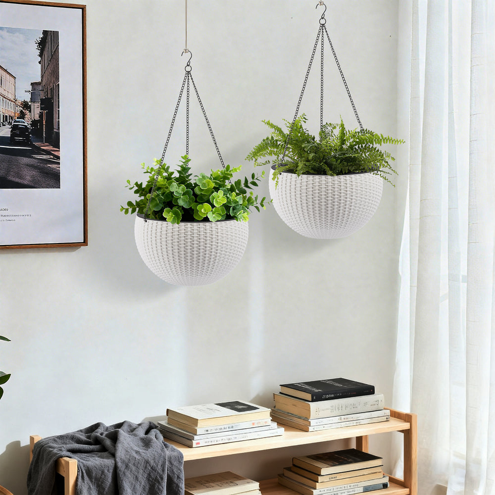 13.4 inch Self-Watering Hanging Rattan-Inspired Planter Large Capacity, Root-Rot Resistant Water Storage with Water Level Indicator, Dual-Use for Indoor & Balcony Decoration (Pack of 2, White) Media 15