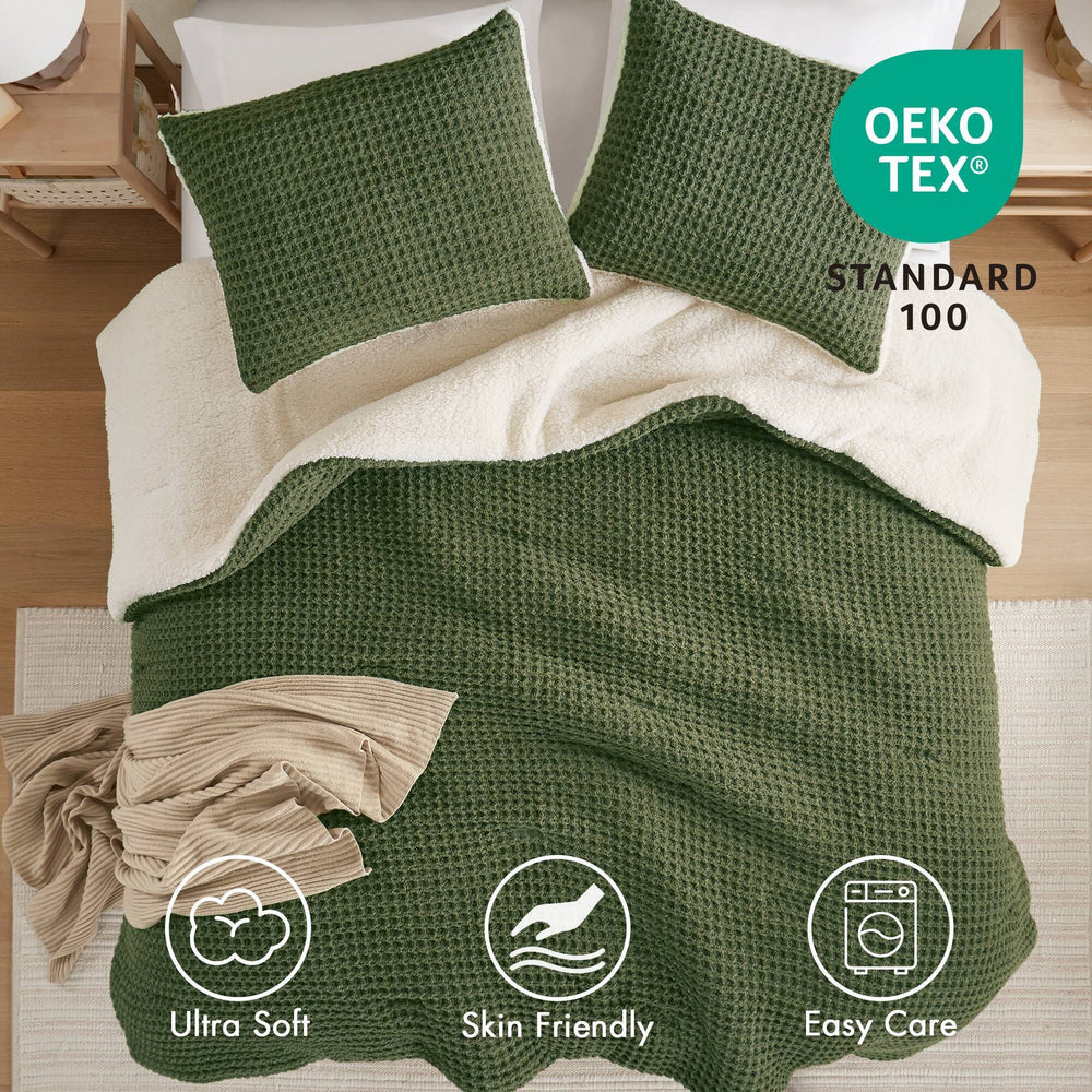 2 Pieces Twin Waffle Knit Chenille Comforter Set,Olive Media 10