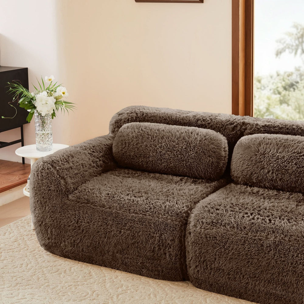 L-Shaped Sofa Plush Fabric With Movable Ottoman & Throw Pillows Chocolate Media 24