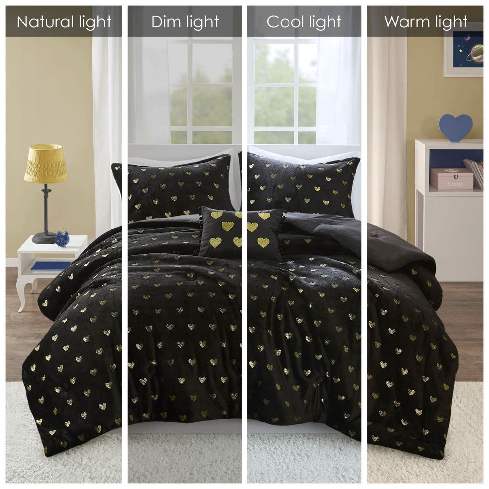 Plush Twin XL Comforter Set Metallic Heart Print With Shams & Throw Pillow Included Media 5