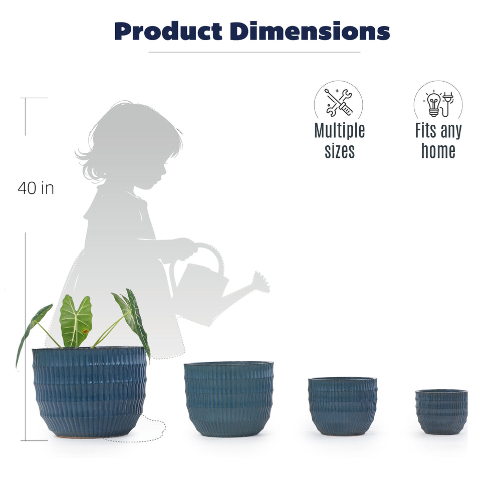 Handmade Denim Blue Glaze Ceramic Planter Set of 4, 7/9/12/14 Inch, Horizontal Grooves, Indoor & Outdoor Herb Succulent Pots, Breathable Clay with Drainage Holes Media 6