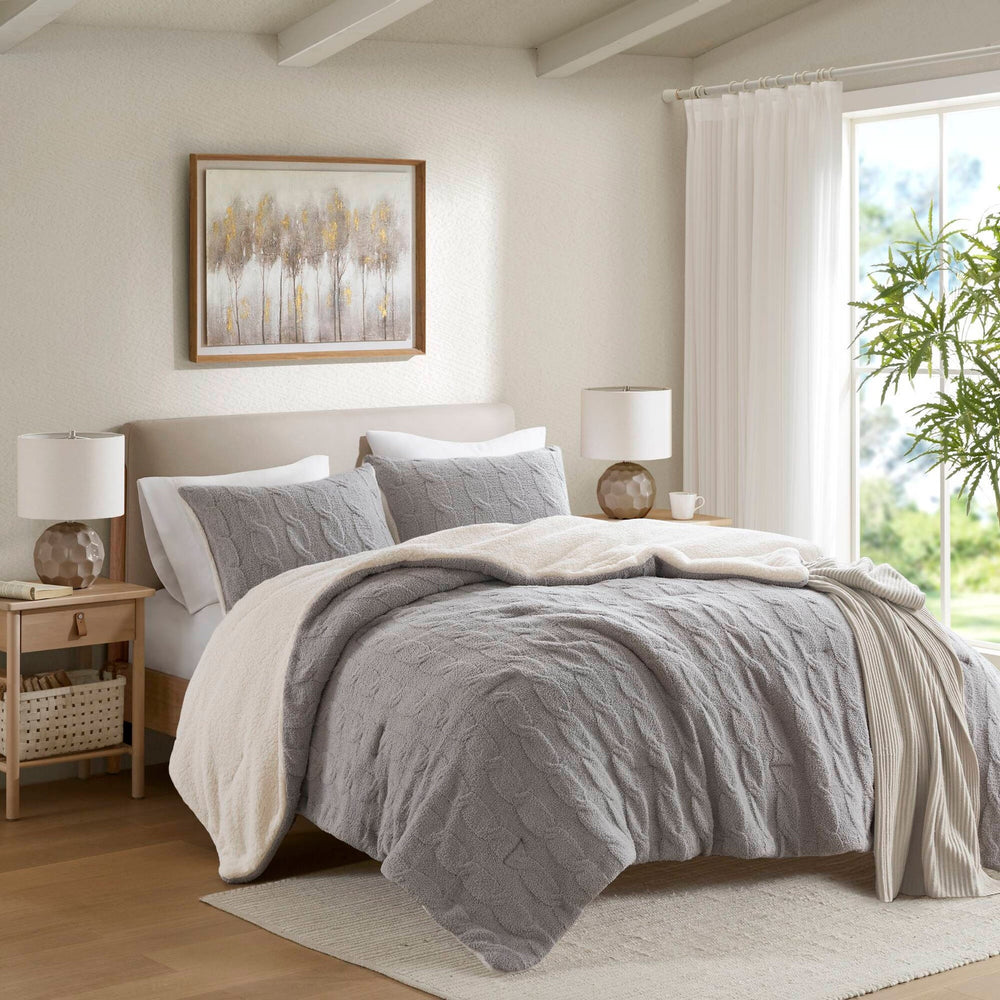 2 Pieces Twin Cable Knit Chenille Comforter Set,Gray Media 16