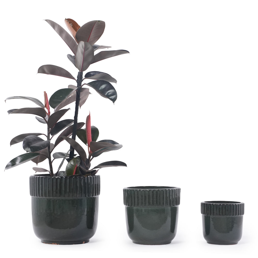 Handmade Ceramic Planter Set of 3, 15/12/9 Inch Diameter, Dark Green Vertical Ribbed Pattern, for Succulents Indoor/Outdoor Use on Windowsill & Bookshelf, Breathable Clay Media 3