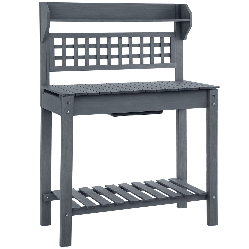 Outdoor Potting Bench Table, Wooden Workstation , Storage Shelf and Dry Sink, Media 5