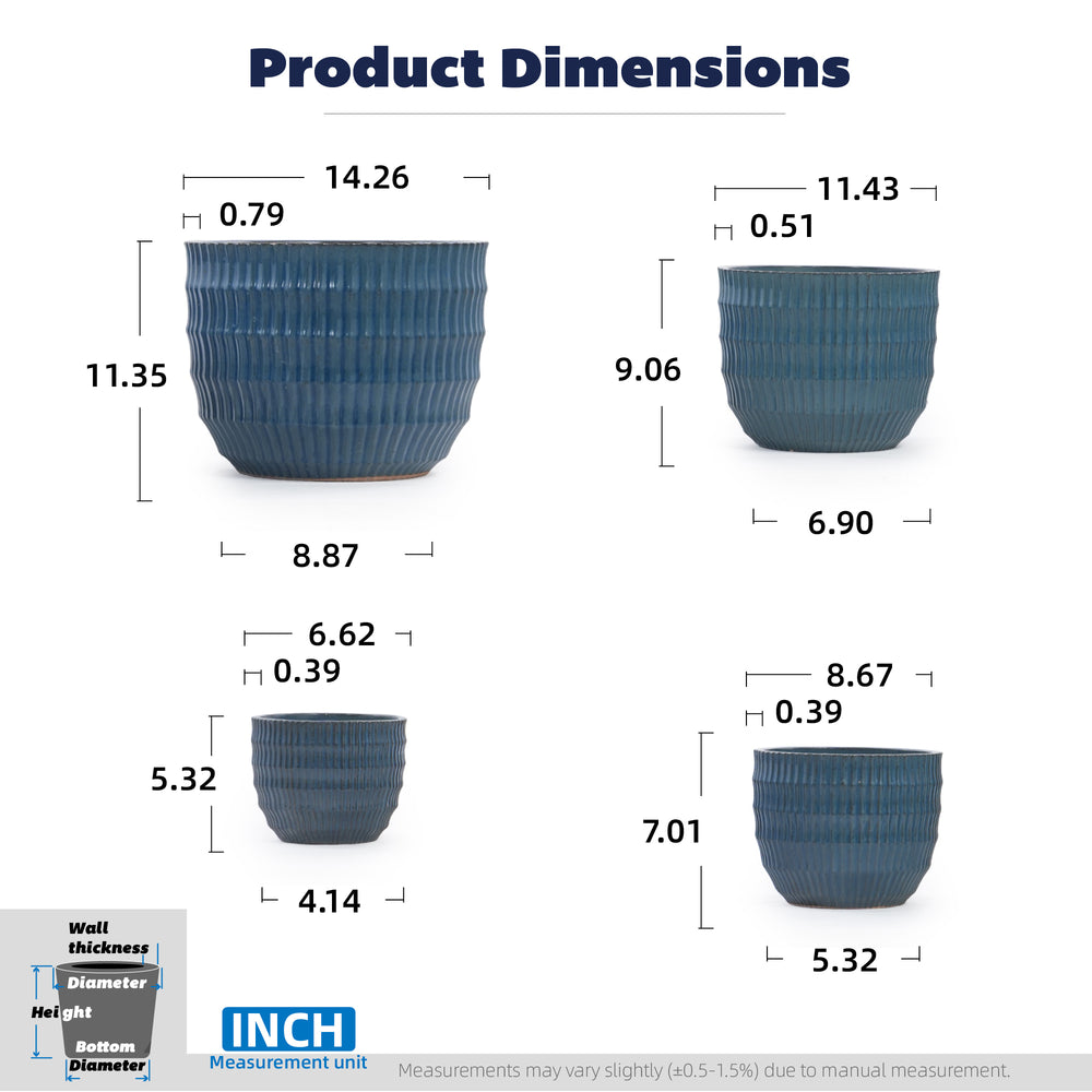 Handmade Denim Blue Glaze Ceramic Planter Set of 4, 7/9/12/14 Inch, Horizontal Grooves, Indoor & Outdoor Herb Succulent Pots, Breathable Clay with Drainage Holes Media 5