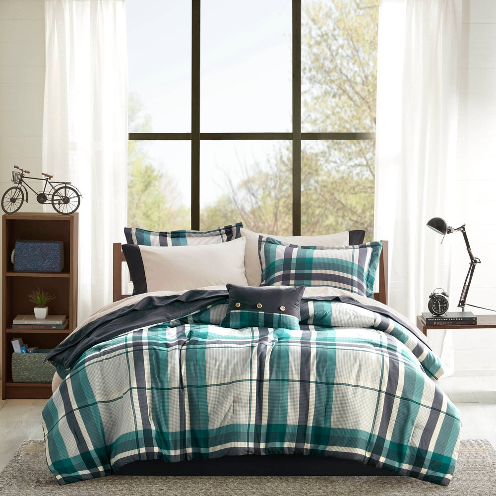 9 PCS Full Plaid Comforter Set with Bed Sheets Teal/Black Media 10