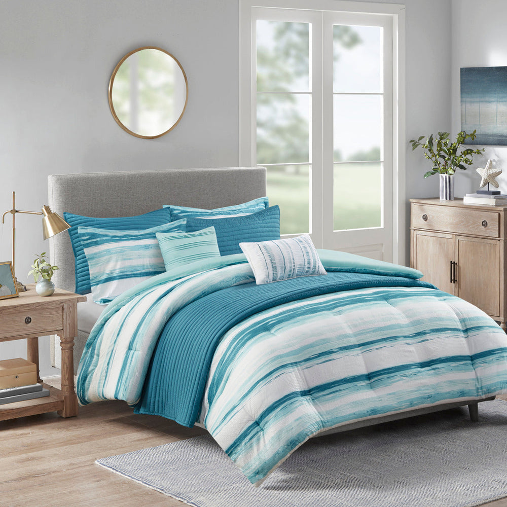8 Piece Printed Seersucker Comforter and Quilt Set Collection Aqua Full/Queen Media 1