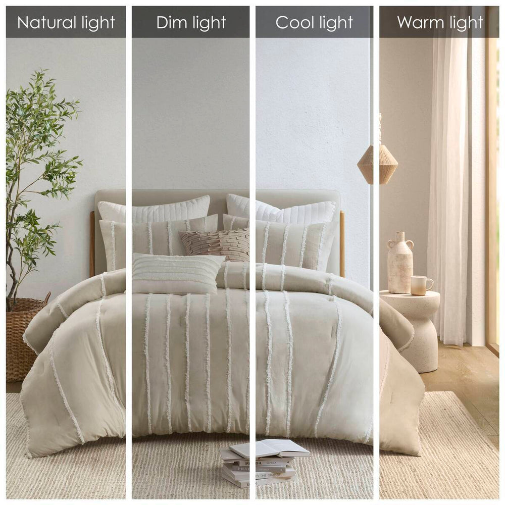 3 Piece Striped Cotton Comforter Set Taupe King/Cal King Media 8