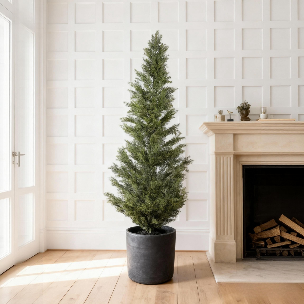 Realistic Artificial Cypress Tree in Black Plastic Pot, UV Resistant Green Fabric Leaves, 60-Inch Indoor Outdoor Topiary Plant for Garden or Entryway Decoration Media 13