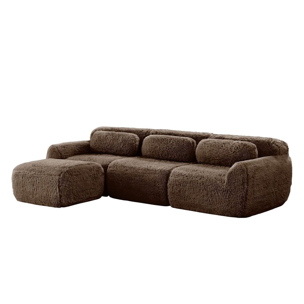 L-Shaped Sofa Plush Fabric With Movable Ottoman & Throw Pillows Chocolate Media 19