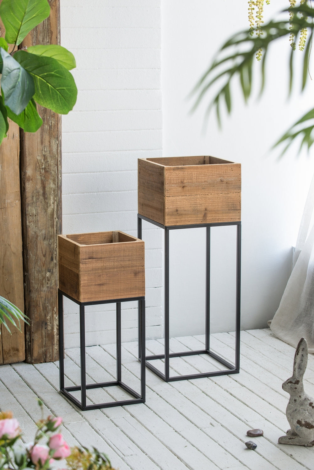 Set of 2 Reclaimed Wooden Box With Black Iron Stand, L:11x11x29.5' S:8.5x8.5x21.5' Media 13